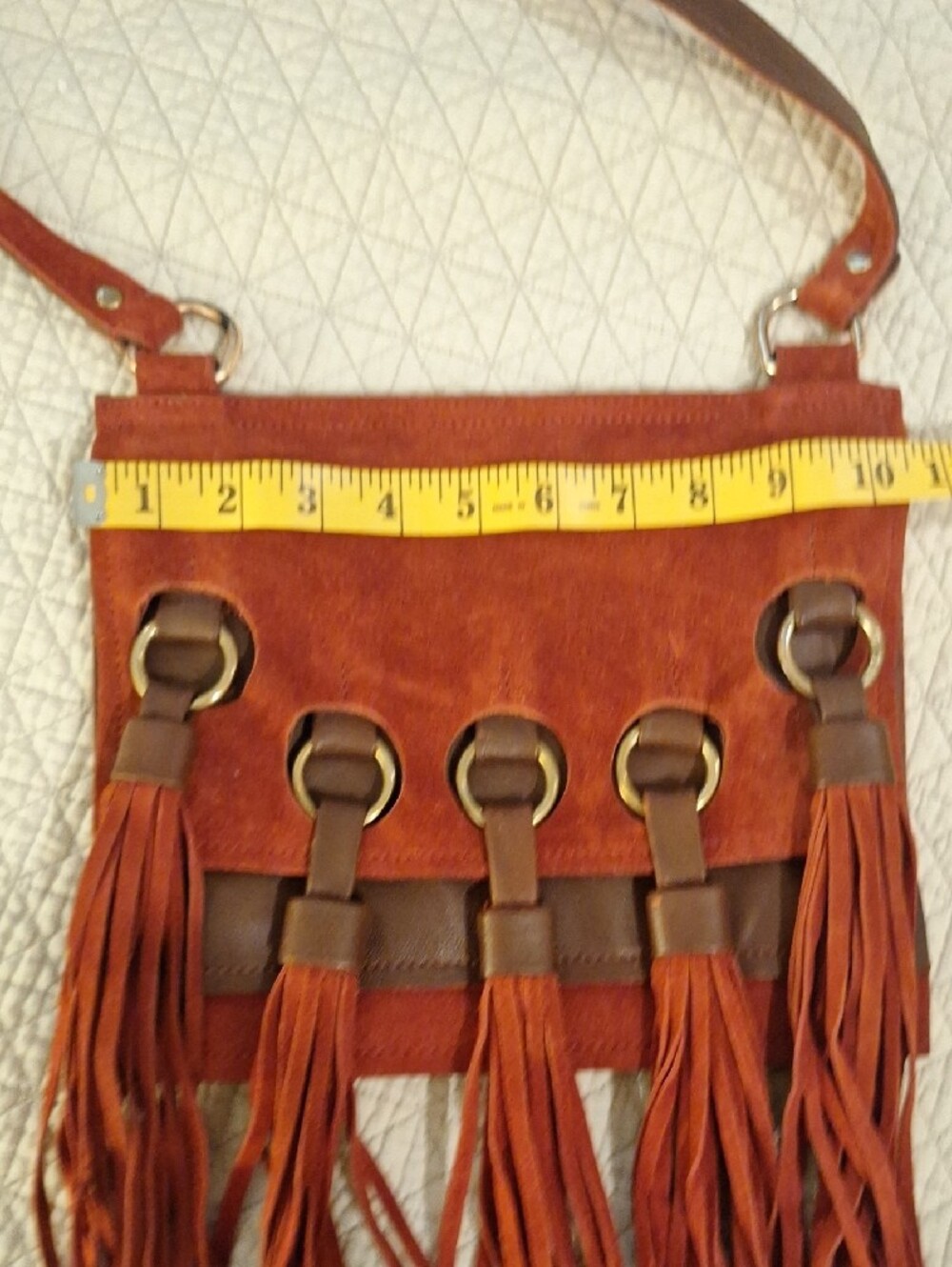 Free People Rust Red Suede Fringe Crossbody Bag w brass rings, leather accents - Picture 6 of 8